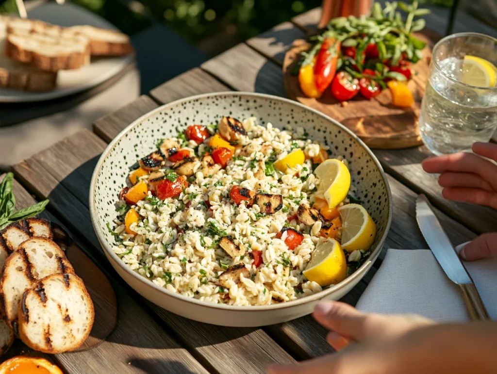 Summer table set with orzo salad, grilled vegetables, and lemon water, creating an inviting al fresco dining scene.