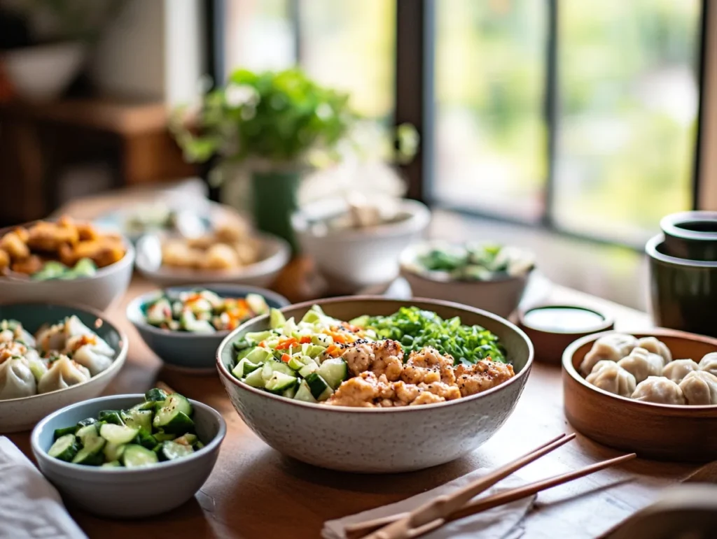 Bang Bang Chicken Bowl served on a cozy dinner table with Asian cucumber salad, dumplings, and miso soup for a complete meal