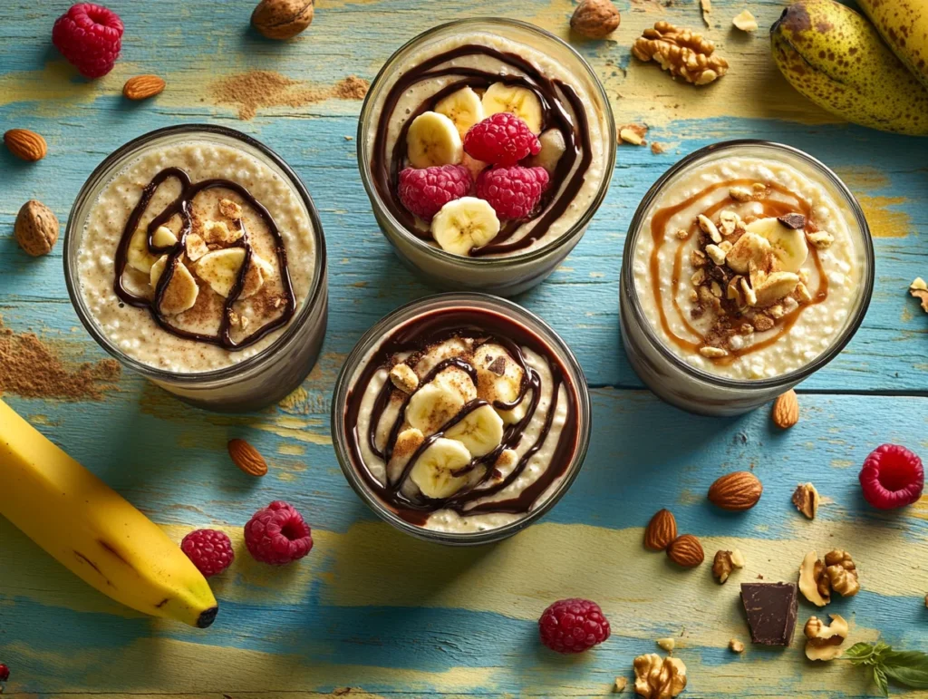 Three creative cottage cheese peanut butter smoothie variations in glasses, featuring chocolate, banana cinnamon, and berry toppings on a wooden table.