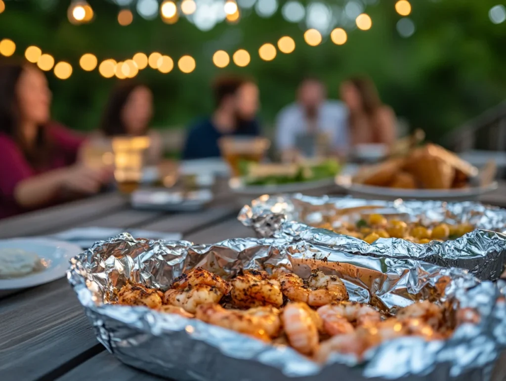 Friends gathered around a backyard table, enjoying grilled shrimp boil foil packets under string lights.