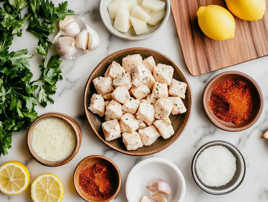Ingredients for Grilled Ranch Garlic Parmesan Chicken Skewers including chicken, garlic, Parmesan, and ranch seasoning