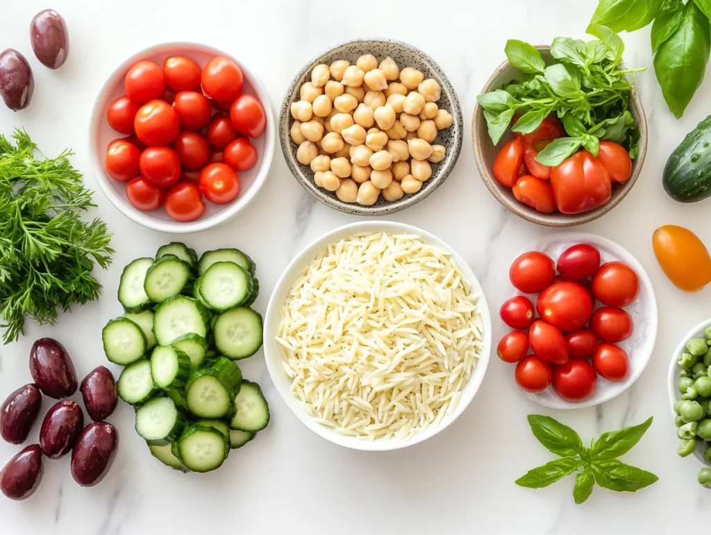 Flat lay of fresh ingredients for summer orzo salad including orzo pasta, tomatoes, cucumbers, feta, olives, and chickpeas.