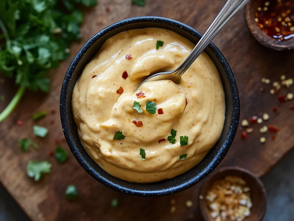 Homemade Bang Bang Sauce in a bowl with fresh ingredients like mayo, sweet chili sauce, sriracha, and honey