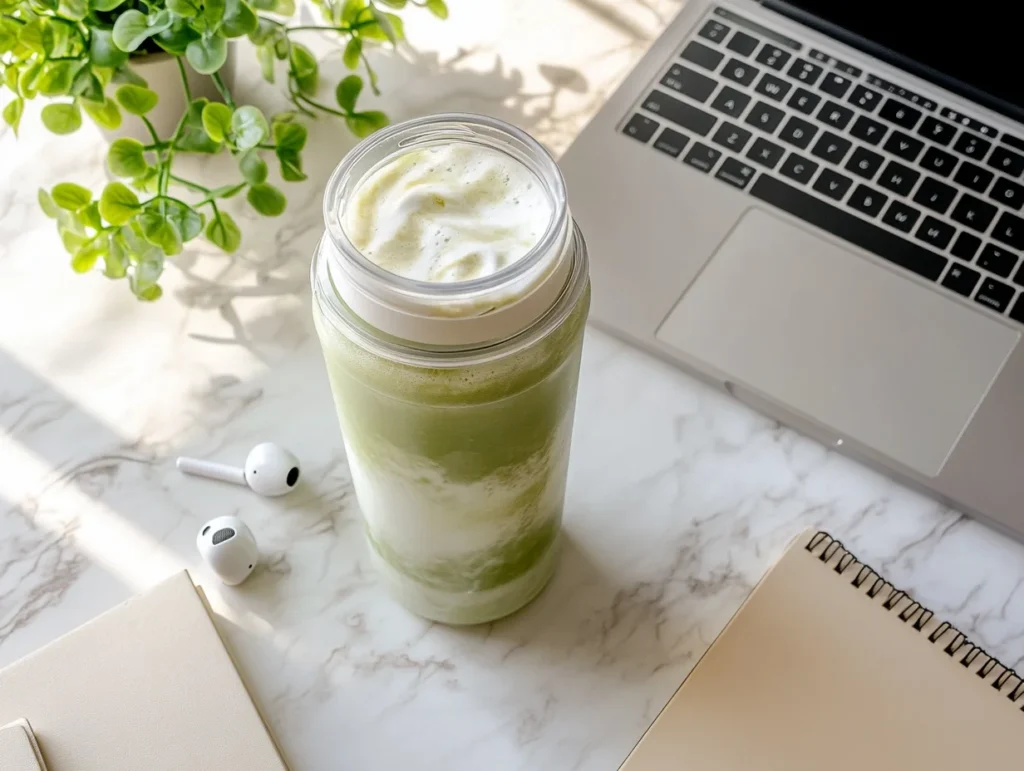 Iced matcha latte in a shaker bottle on a student desk with laptop and earbuds