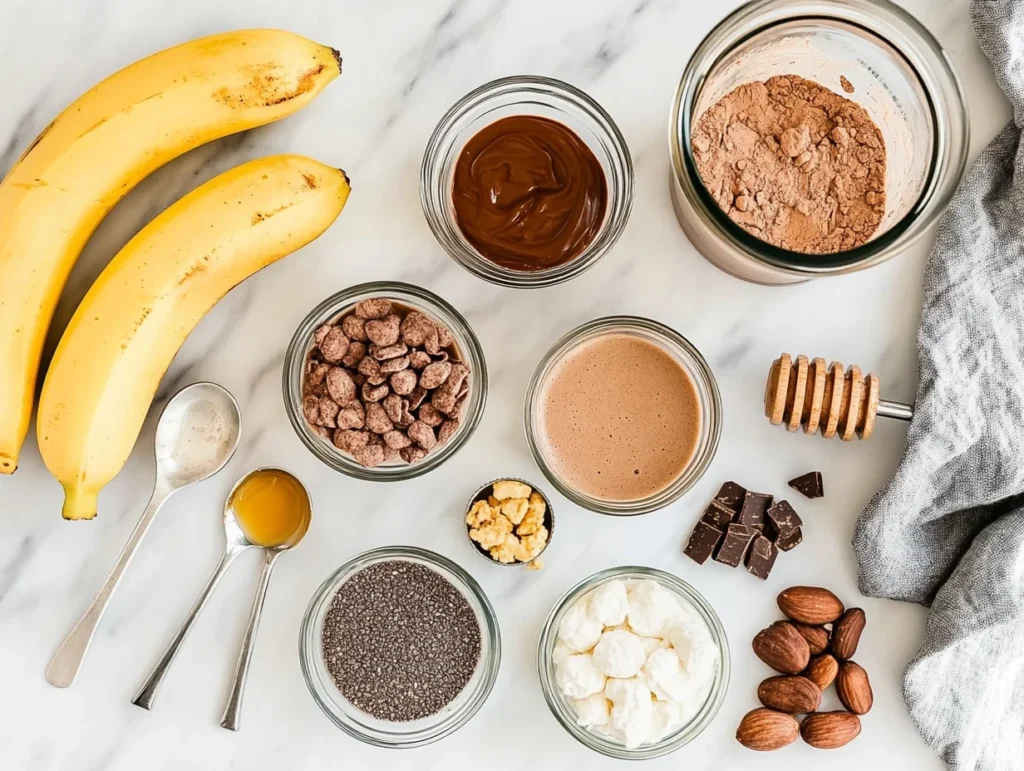 Cottage cheese peanut butter smoothie ingredients displayed in bowls and cups on a bright kitchen counter with a blender.