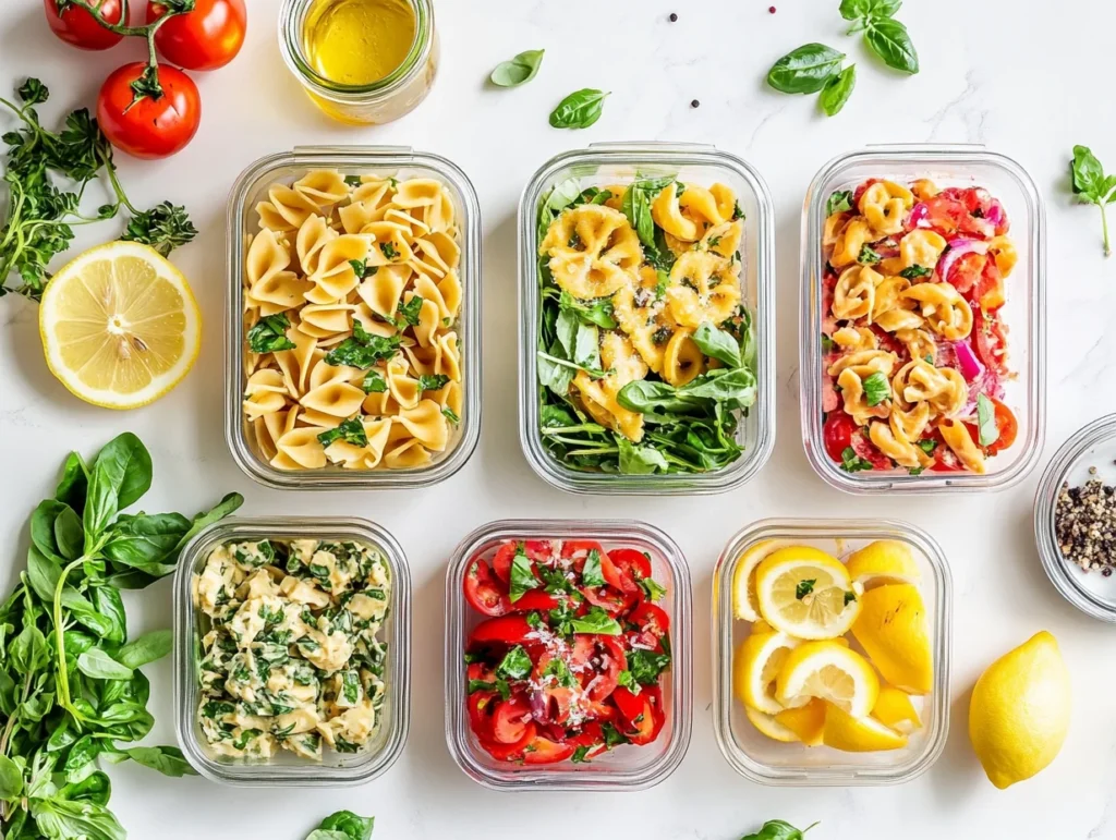 Meal prep containers filled with colorful pasta salad labeled for weekdays, styled with lemon, herbs, and vinaigrette.