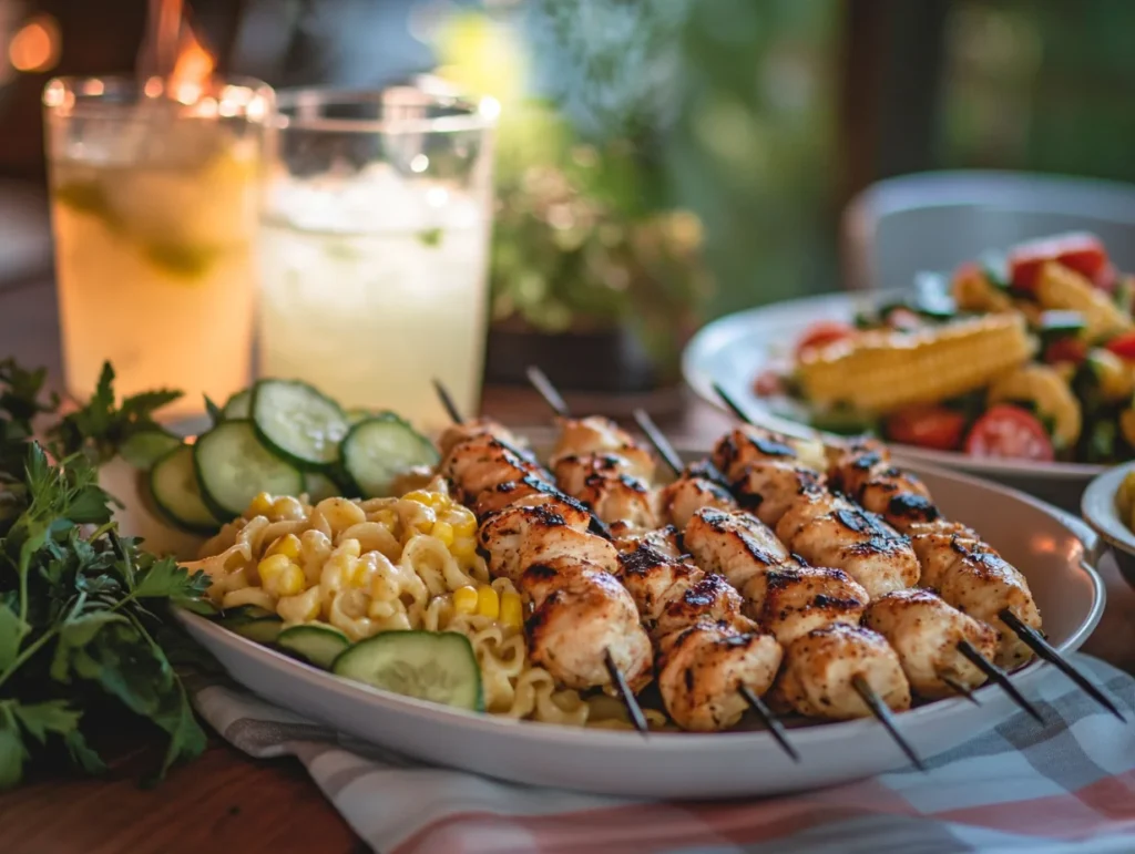 Grilled Ranch Garlic Parmesan Chicken Skewers served with pasta salad, corn, and lemonade on patio table
