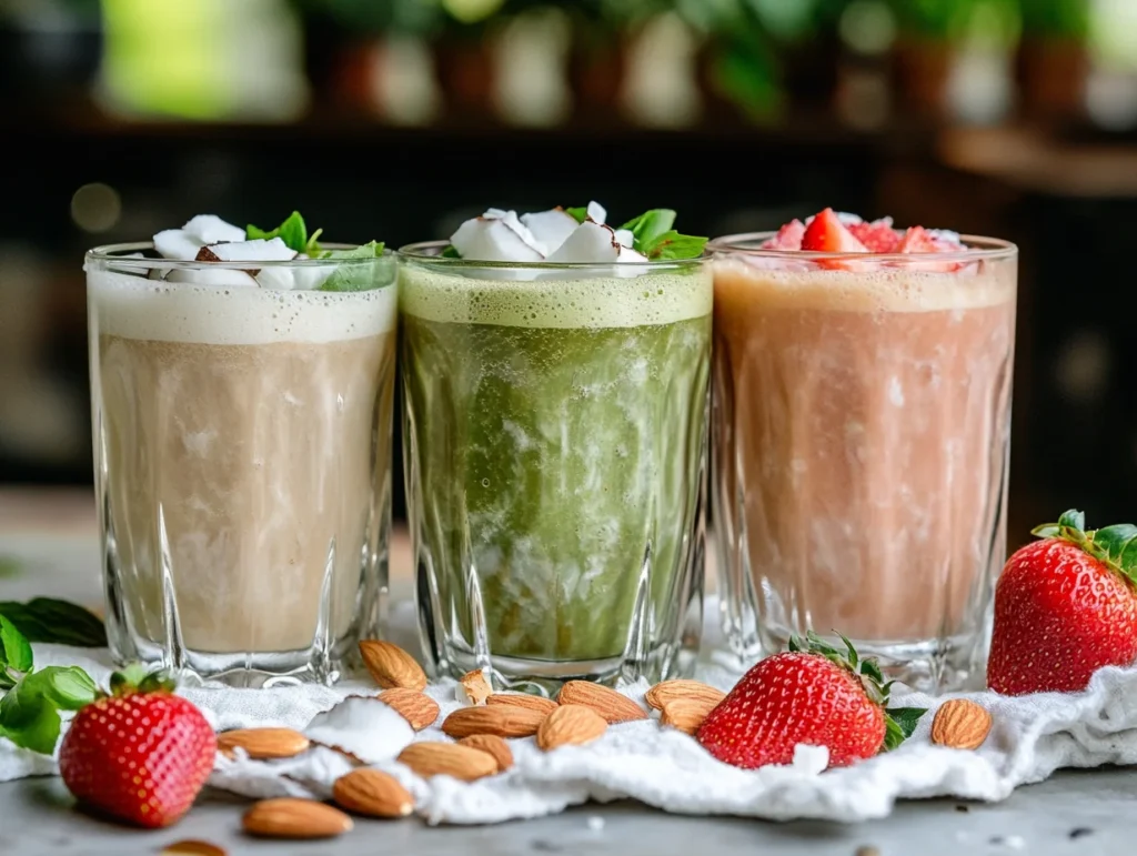 Three iced matcha latte variations—almond, strawberry, and coconut—served with fresh ingredients