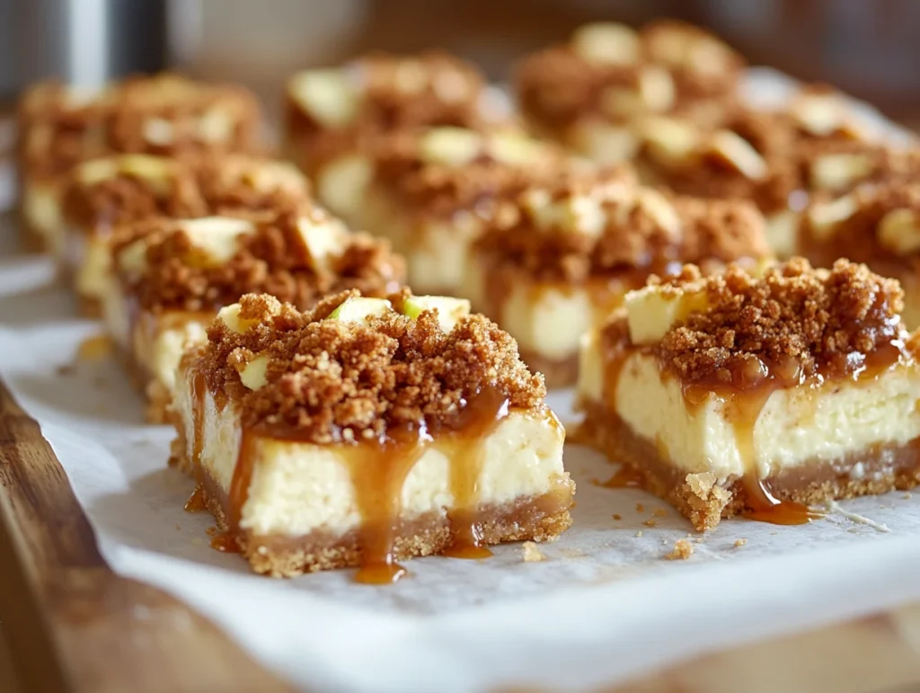 A tray of freshly baked caramel apple cheesecake bars with a golden crumble topping, caramel drizzle, and spiced apple slices.