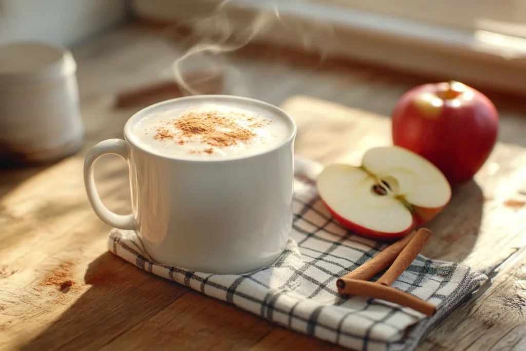 Apple Cinnamon Tea Latte with a frothy top, sprinkled with cinnamon, served with fresh apple slices and a cinnamon stick