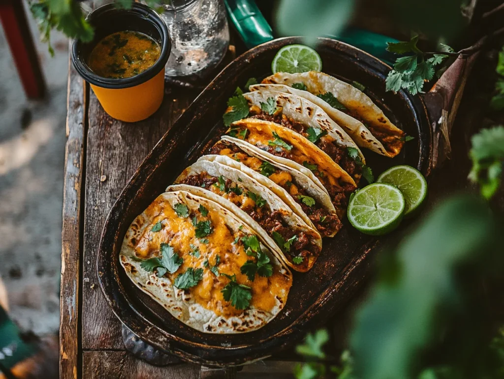 Street food presentation of birria tacos with consomé, lime halves, and cilantro near a food truck.