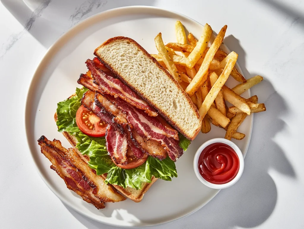 A gourmet BLT sandwich with crispy beef bacon, fresh lettuce, tomato slices, and aioli on toasted sourdough bread, served with fries and ketchup.