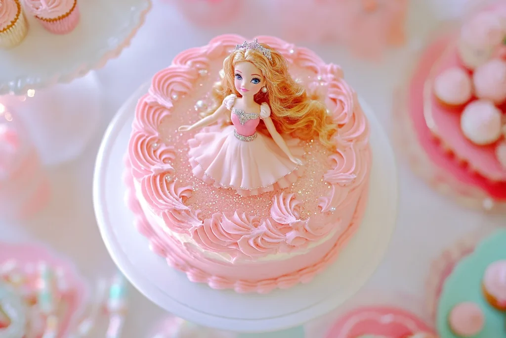 Beautiful Barbie cake with pink ombre frosting and a Barbie doll centerpiece on a white cake stand.