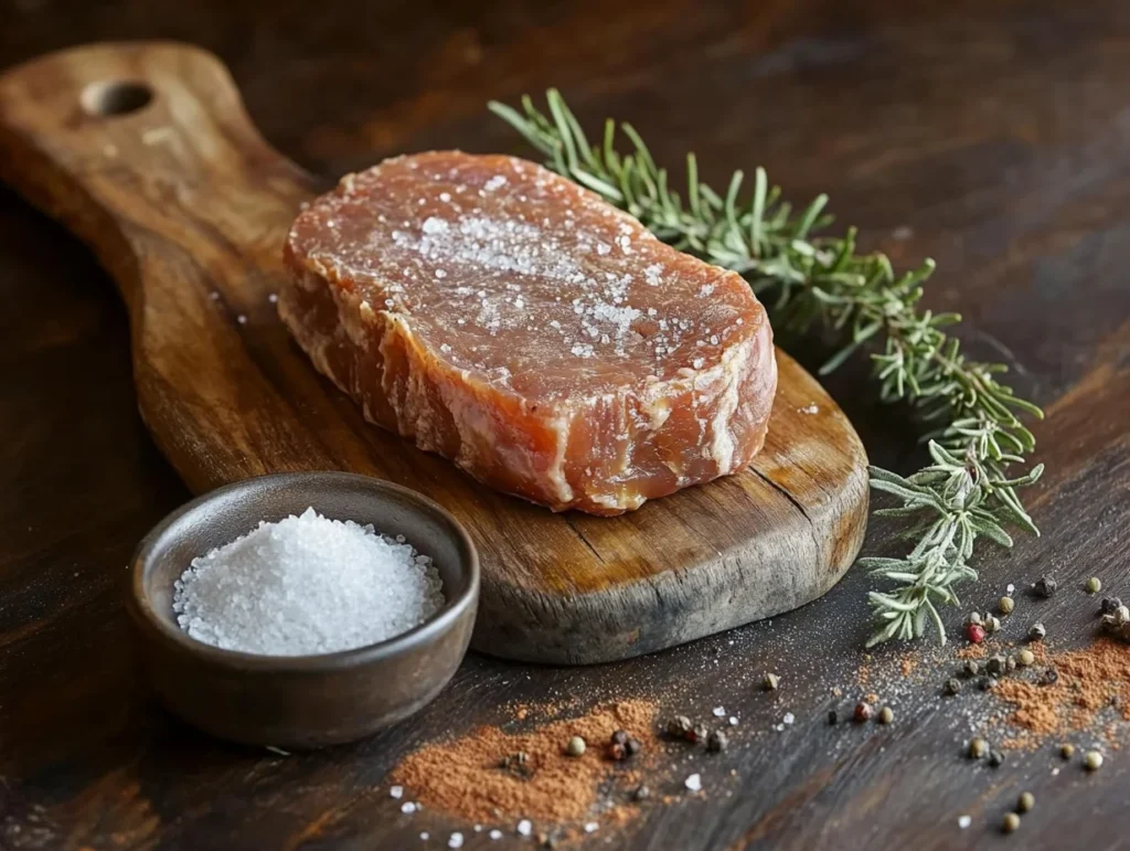 A slab of beef navel cured with coarse salt, sugar, and smoked paprika on a wooden cutting board with curing salt and rosemary nearby.