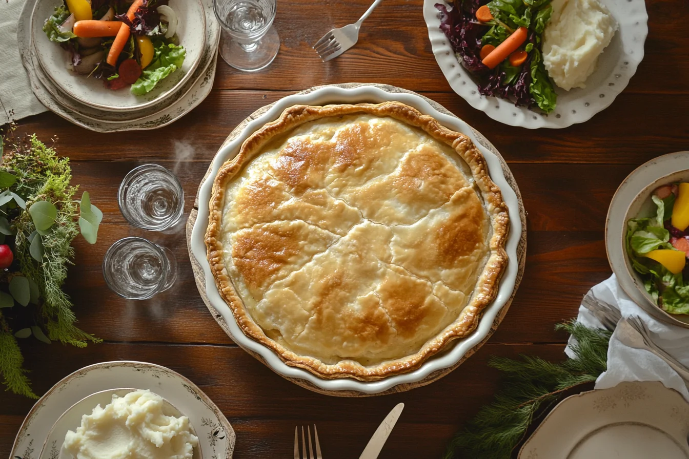 beef pot pie served with a golden, flaky crust and hearty filling, surrounded by mashed potatoes and a salad