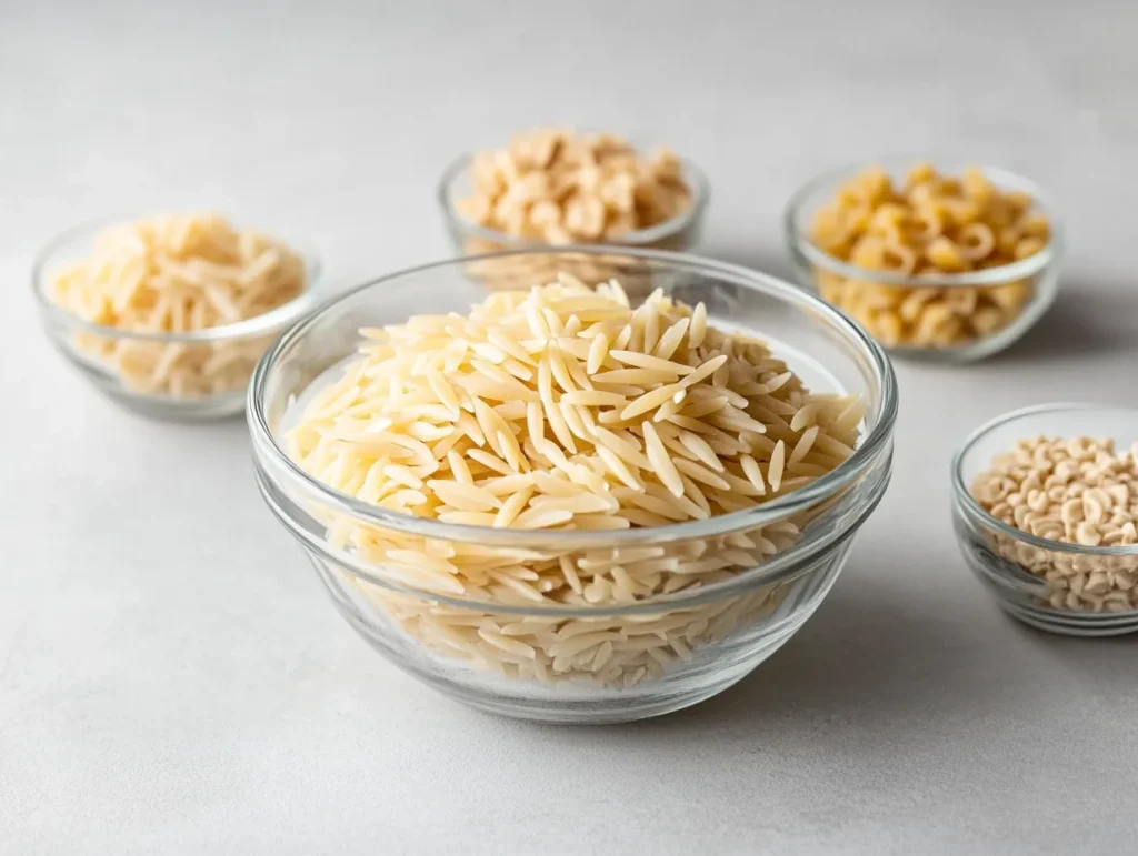 Orzo and other ditalini pasta substitutes like tubettini and acini di pepe in clear glass bowls.