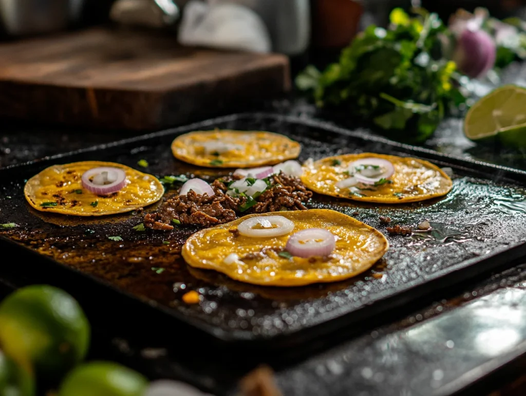 birria tacos with tortillas dipped in consommé, shredded beef, melted cheese, and fresh garnishes on a griddle.