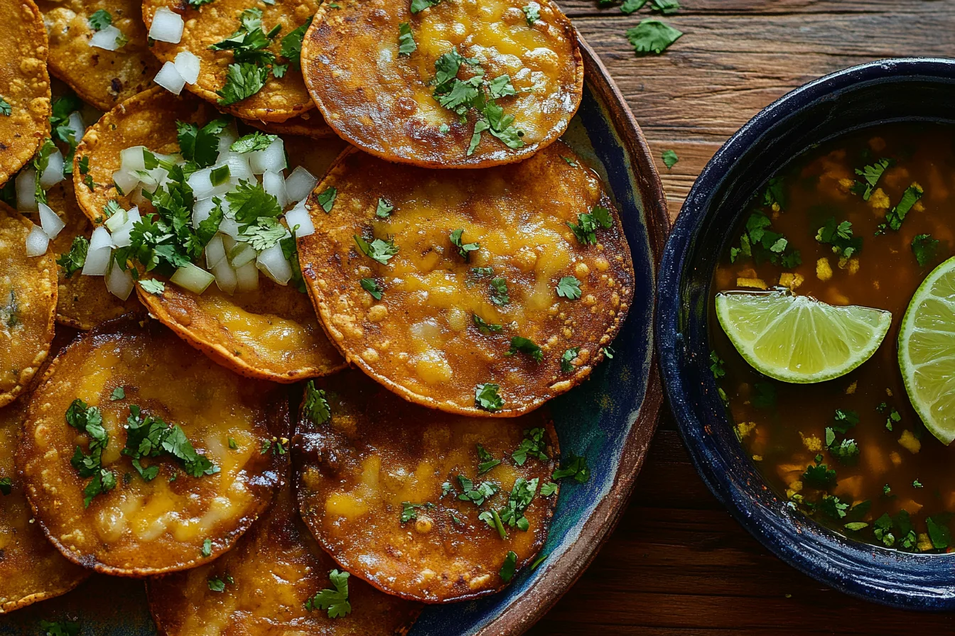 birria tacos with crispy golden tortillas, tender beef, and a bowl of consommé for dipping, garnished with lime and onions.