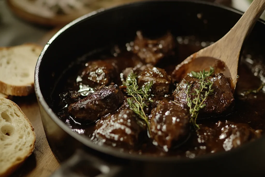 Braised beef cheeks in red wine sauce, garnished with thyme, served in a Dutch oven.