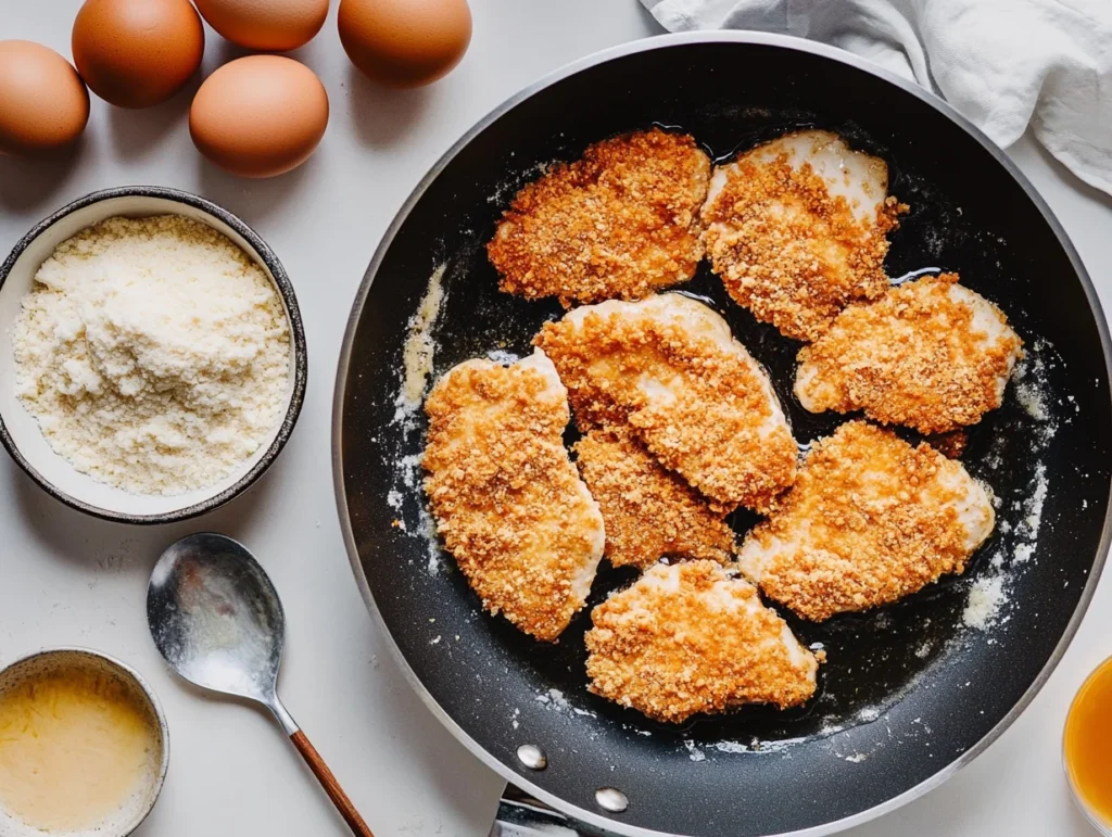 breaded chicken cutlets frying in a skillet with golden crispy edges, surrounded by breadcrumbs, eggs, and grated Parmesan.