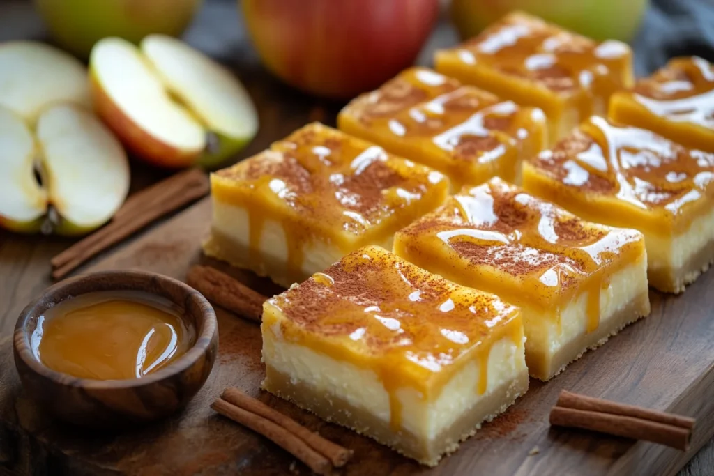 Caramel apple cheesecake bars with cinnamon, caramel drizzle, and Granny Smith apples on a rustic wooden board, ready to be served.