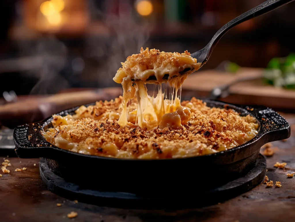 smoked mac and cheese in a skillet with a spoon pulling a cheesy, gooey serving, highlighting the crispy breadcrumb topping.