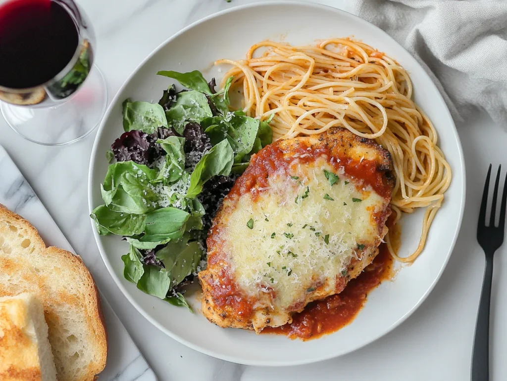 Plated Chicken Parmigiana with spaghetti, garlic bread, and green salad, garnished with basil and Parmesan, paired with a glass of red wine.