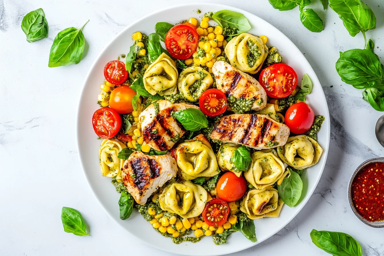 Chicken Tortellini Salad with pesto dressing and fresh vegetables on a white plate