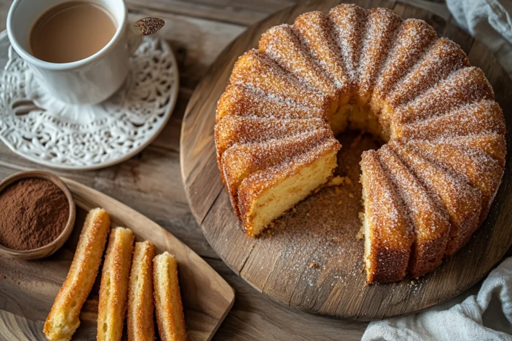 churro cake slices topped with cinnamon sugar on a rustic wooden serving board, accompanied by cinnamon sugar in a small bowl and a cup of hot chocolate