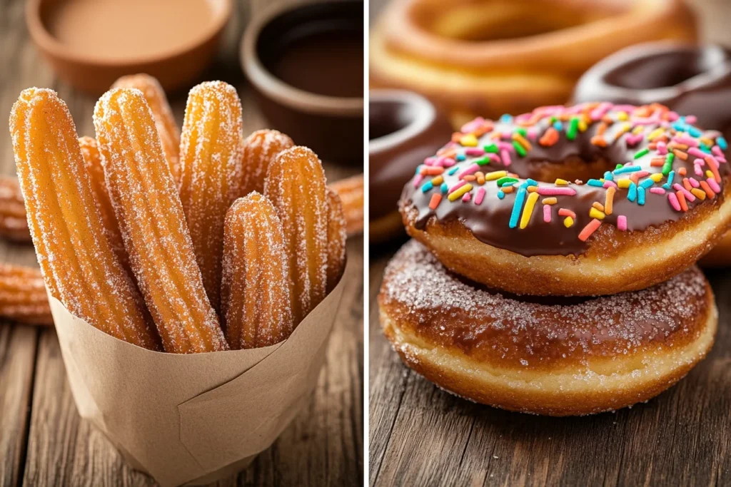 churros and donuts, showcasing their different textures and toppings, perfect for comparing the two sweet treats