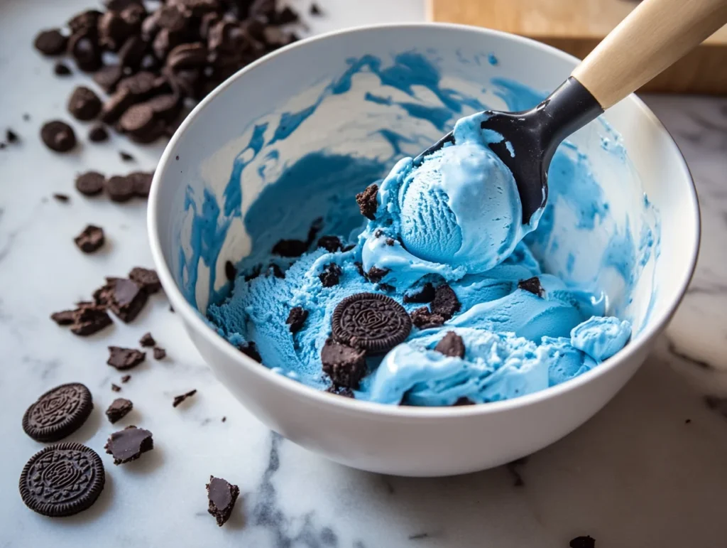 Mixing bowl with bright blue ice cream base and cookie chunks being folded in with a spatula.