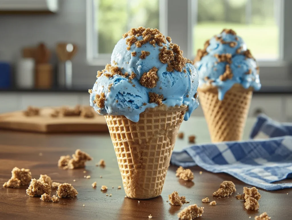 Scoops of Cookie Monster Ice Cream in a waffle cone topped with cookie crumbs on a wooden tabletop.