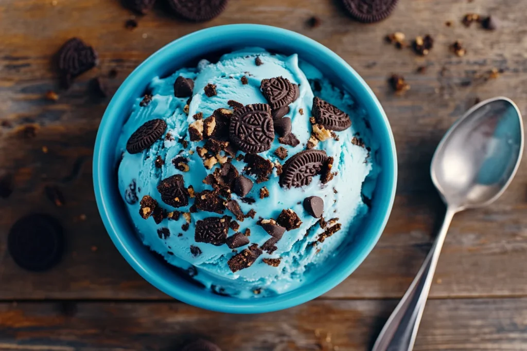 Bright blue Cookie Monster Ice Cream with Oreo and cookie chunks in a bowl on a wooden countertop.