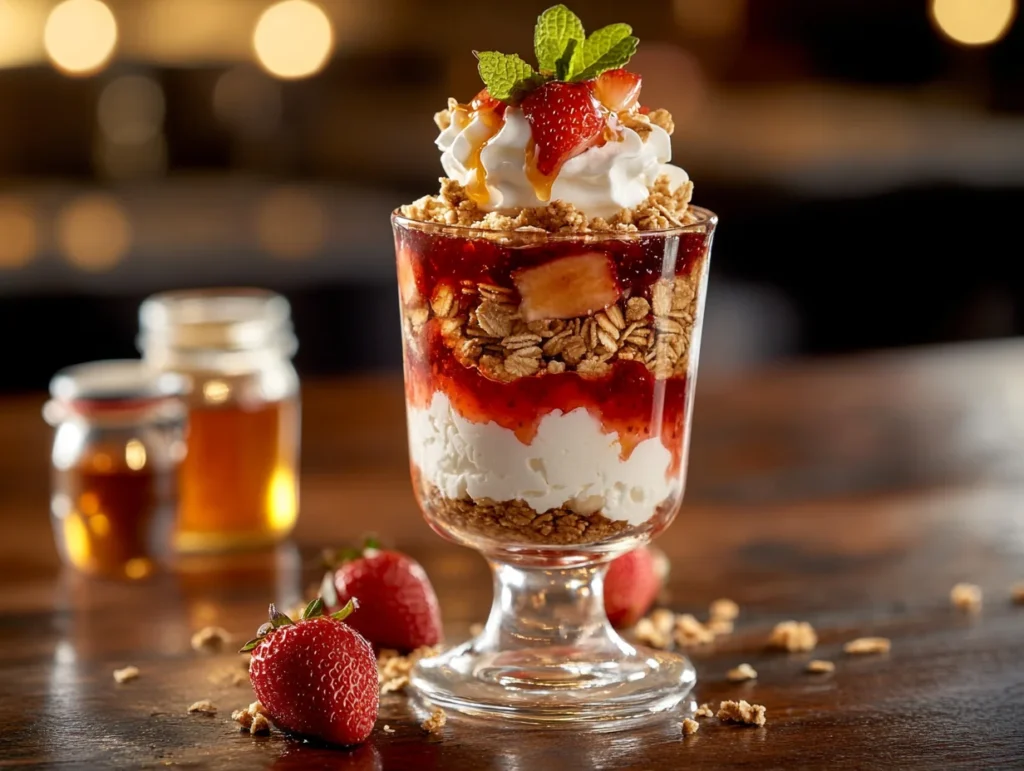 A parfait glass layered with cottage cheese, strawberry jam, granola, and whipped cream, garnished with mint, with strawberries and honey in the background.