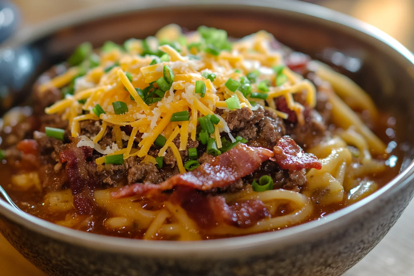 Bowl of Cowboy Spaghetti with bacon, cheese, and green onions, showcasing a hearty and savory pasta dish