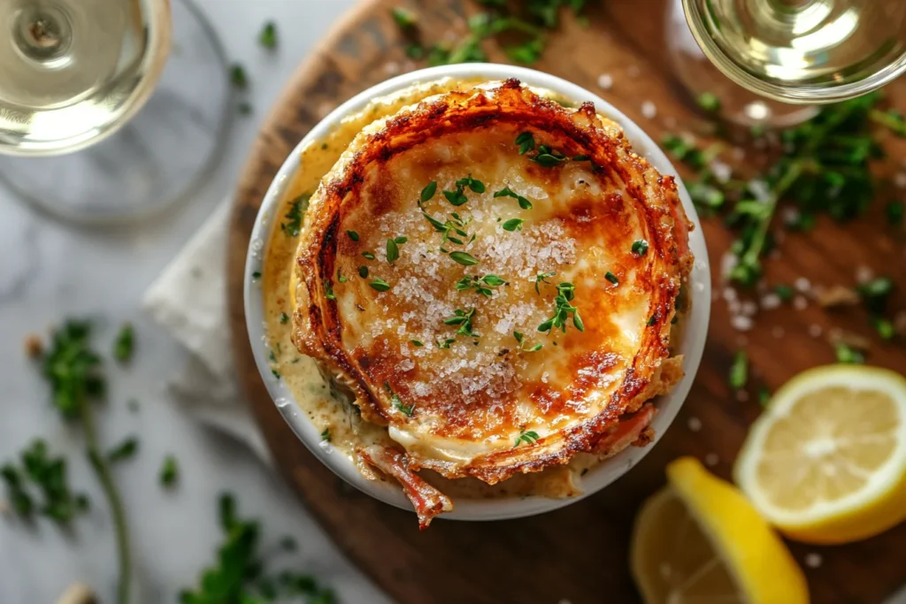 savory crab brulee with a golden caramelized crust and crab meat, garnished with fresh herbs and Parmesan cheese on a rustic wooden table