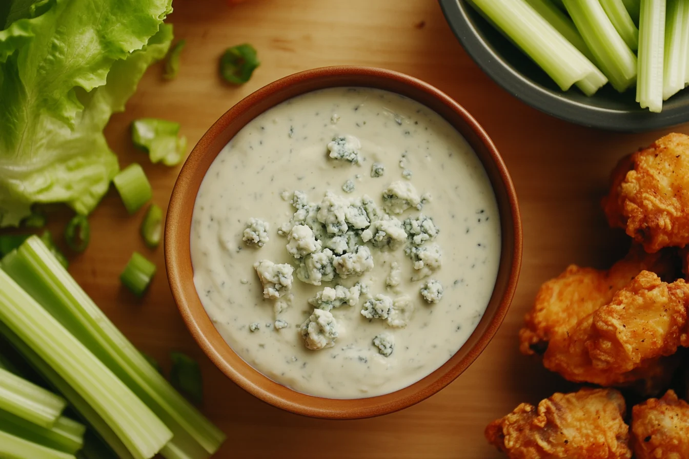 Fresh blue cheese dressing in a bowl with visible crumbles, surrounded by lettuce, celery sticks, and chicken wings.