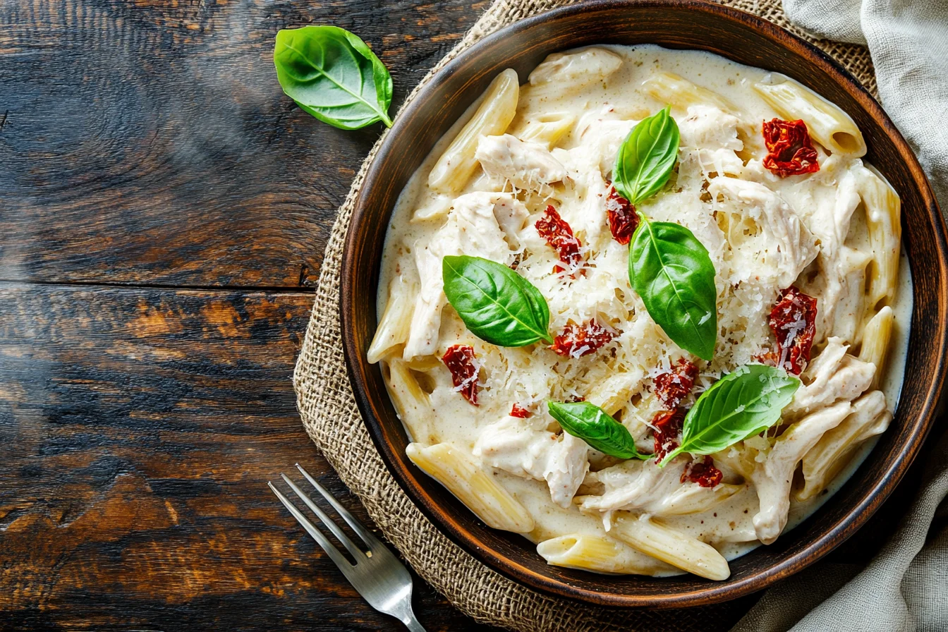 Creamy chicken pasta recipe served with sun-dried tomatoes, Parmesan, and basil on a rustic table.