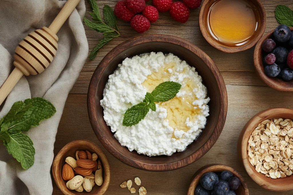 Creamy cottage cheese bowl topped with fresh berries, honey drizzle, and mint on a rustic wooden table, surrounded by bowls of nuts and fruits.