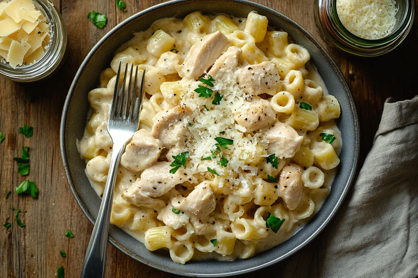 A bowl of creamy ditalini pasta with garlic butter chicken, garnished with fresh Parmesan cheese and parsley, photographed from above on a rustic table.