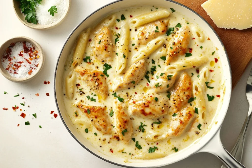 Creamy garlic Parmesan chicken pasta in a white skillet, garnished with parsley and red pepper flakes, with a serving spoon nearby.