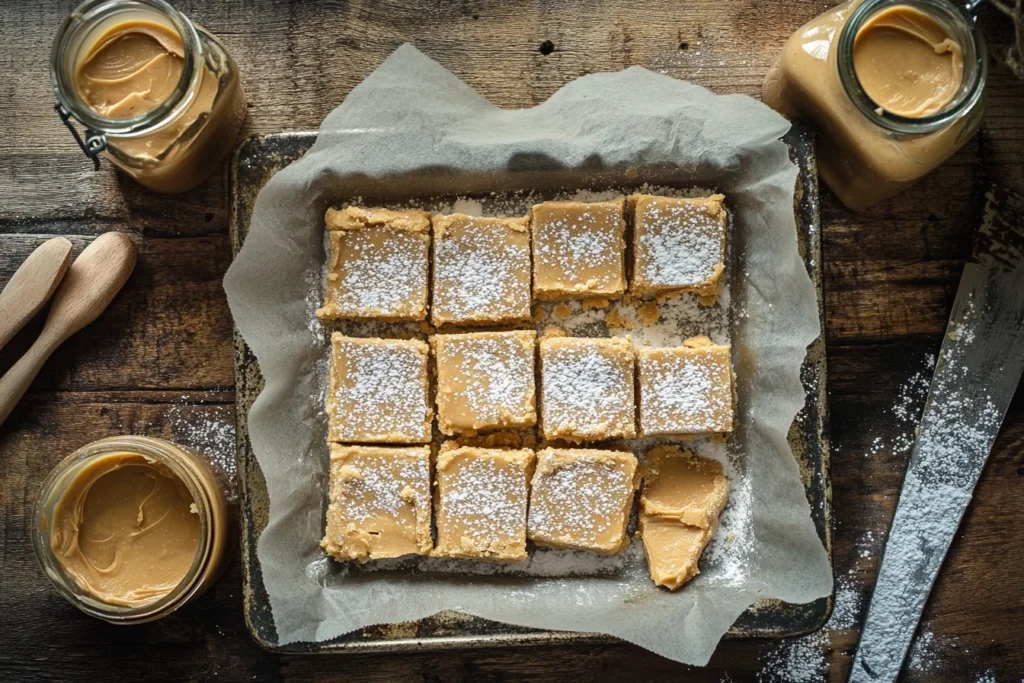 creamy peanut butter fudge squares on parchment paper, surrounded by powdered sugar and a jar of peanut butter.