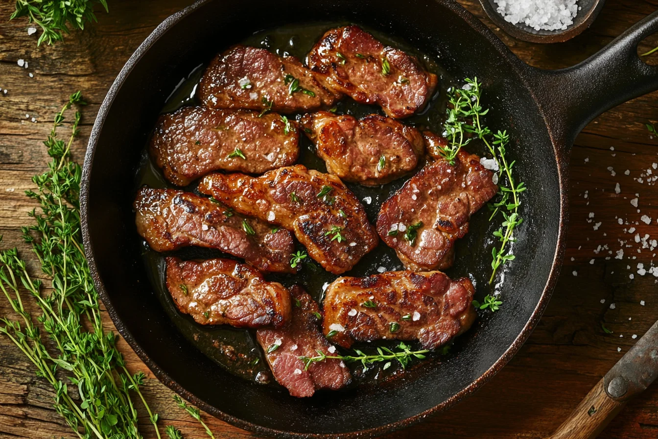 Crispy beef bacon slices sizzling in a cast-iron skillet with golden edges, garnished with fresh herbs and coarse salt.