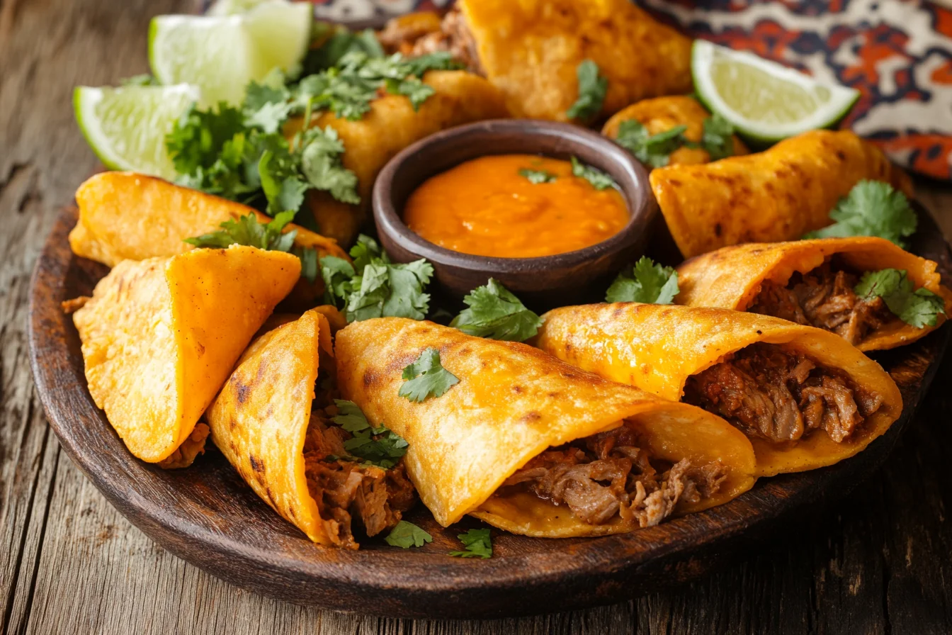 crispy birria tacos served with consomé, lime wedges, and cilantro on a rustic table.