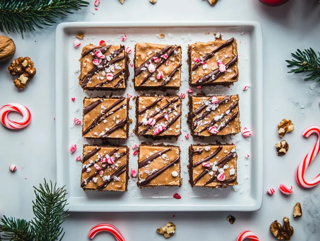 Custom peanut butter fudge squares decorated with chocolate drizzle, candy canes, and sea salt flakes, surrounded by sprinkles and nuts.