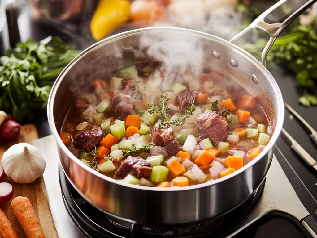 Deglazing a pot with red wine, sautéed vegetables, and garlic during the preparation of beef cheeks.