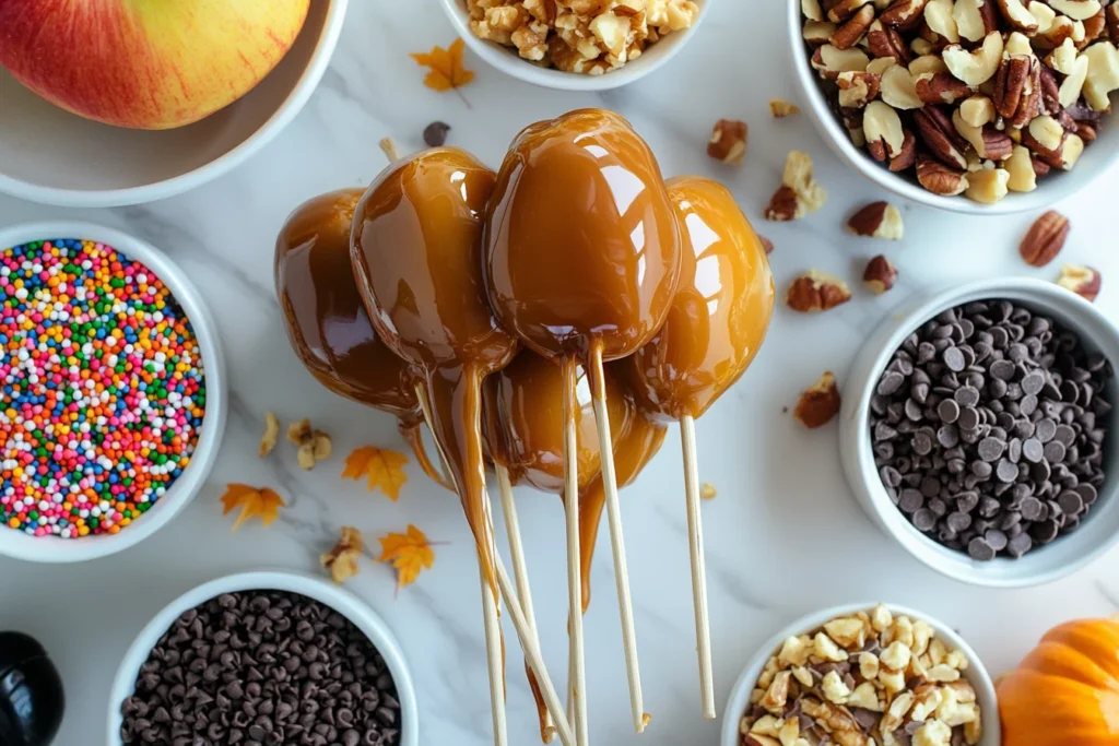 Caramel apple bar with warm caramel apples on sticks surrounded by colorful fall toppings.