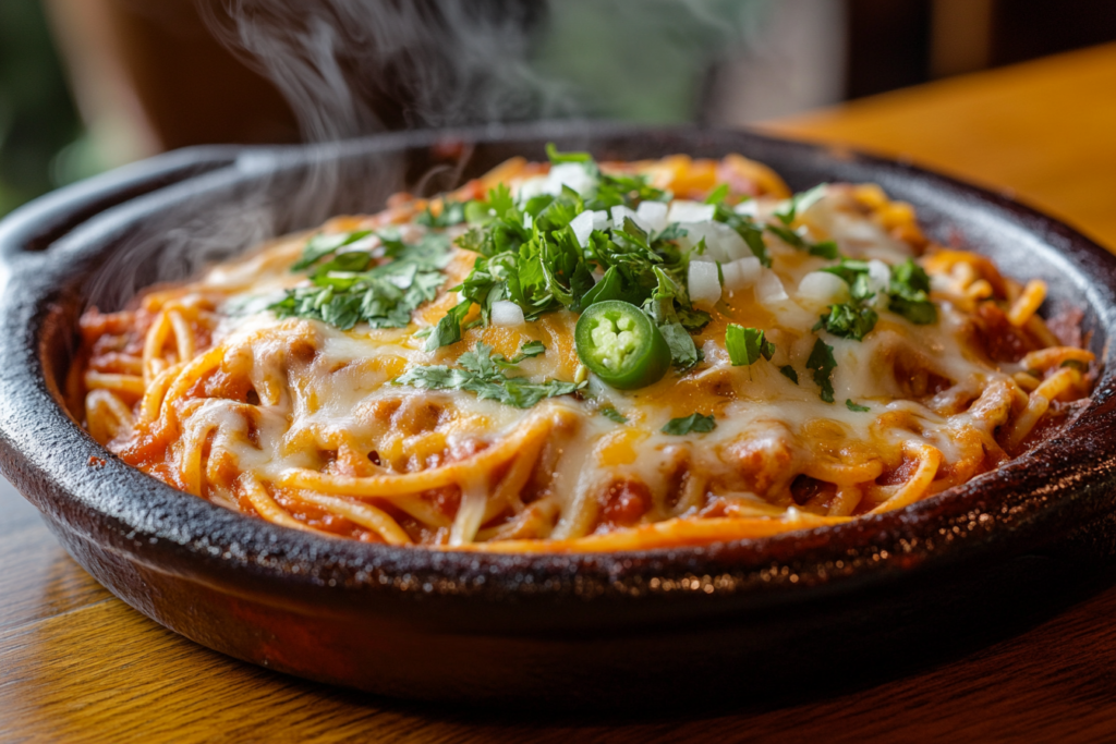 A plate of Mexican spaghetti topped with melted cheese, cilantro, and jalapeños, showcasing a hearty and flavorful dish