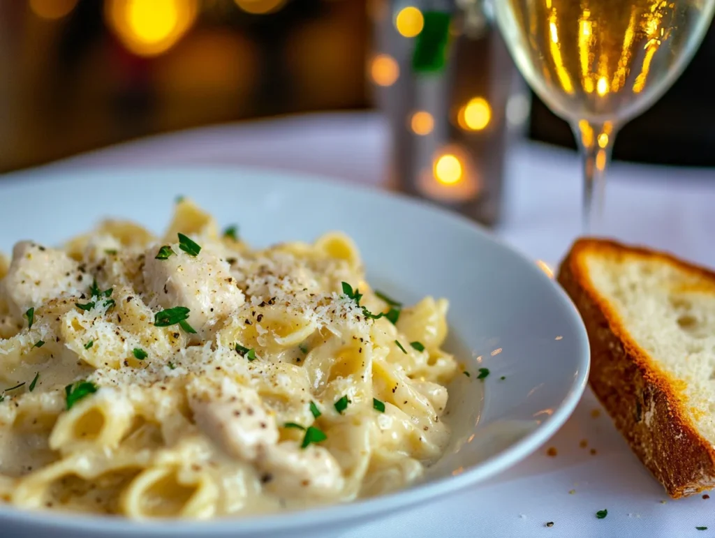 ditalini pasta with garlic butter chicken, garnished with Parmesan and parsley, accompanied by garlic bread and a glass of wine.