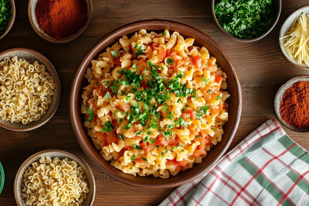 Bowl of ditalini pasta with substitute options like tubettini and orzo on a rustic wooden table.